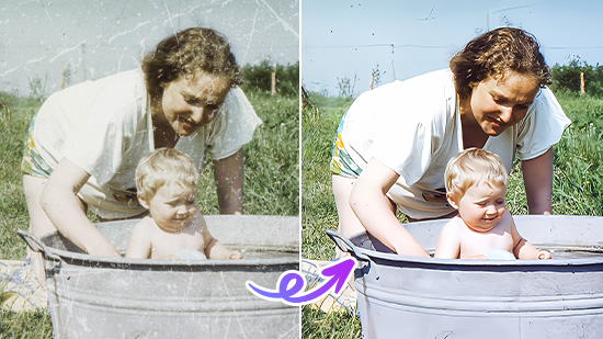 an old photo of a mother taking bath for her child and the restored photo